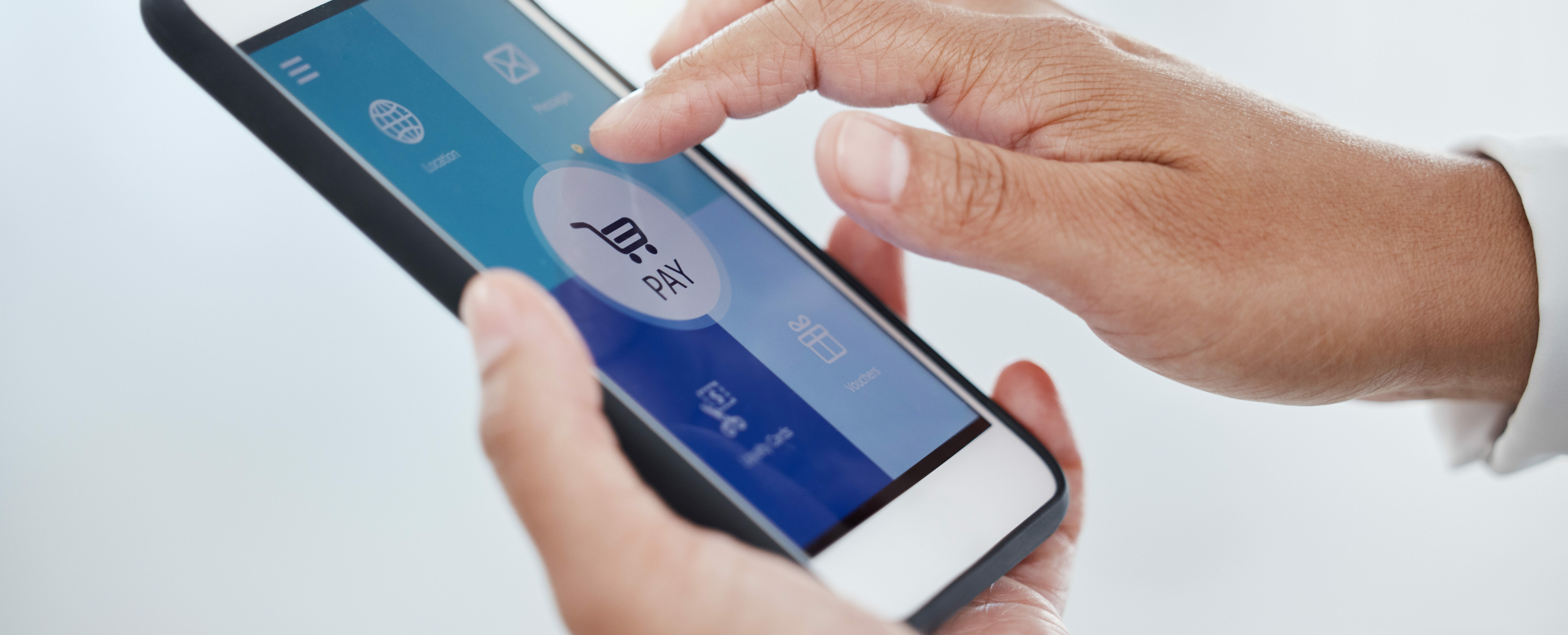 Smartphone, ecommerce and mobile app payment, fintech and digital store, money and banking, data or